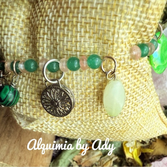 Aventurine and pink quartz multi charms eclectic statement bracelet - Picture 4 of 6